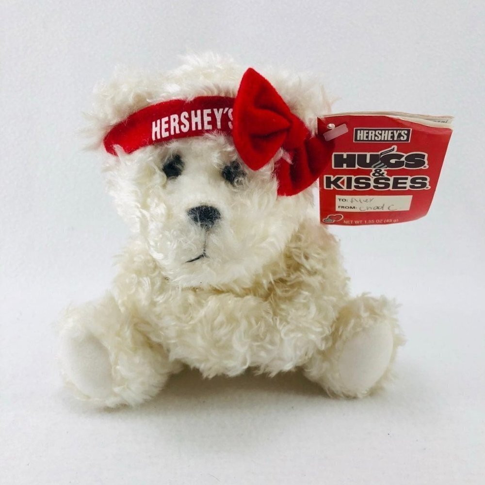 2002 Vintage Hershey White Teddy Bear Plush 7” Chocolate Souvenir Kiss Red Bow